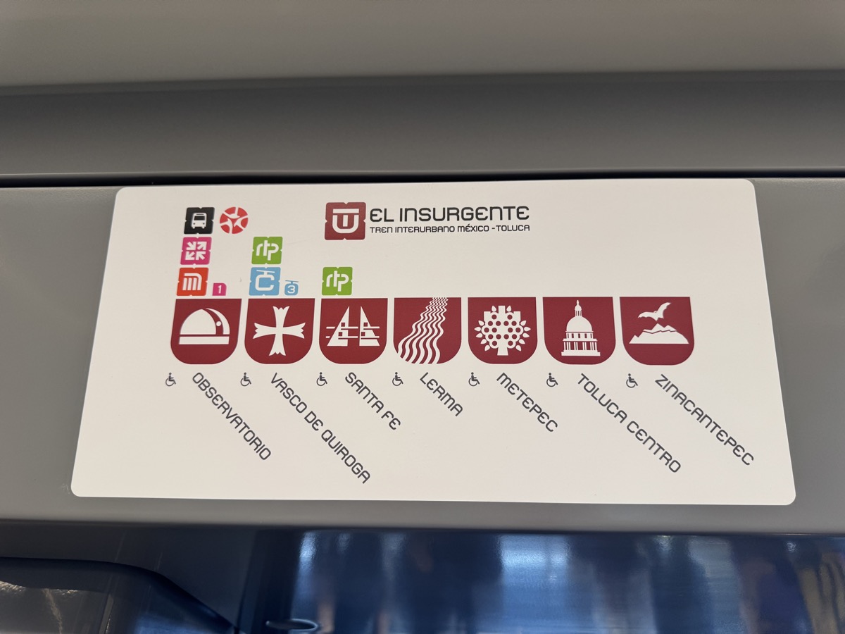 Mapa de estaciones del Tren Interurbano El Insurgente: Observatorio, Vasco de Quiroga, Santa Fe, Lerma, Metepec, Toluca